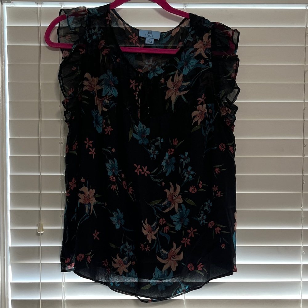 CeCe Black and Blue Floral Ruffle Blouse